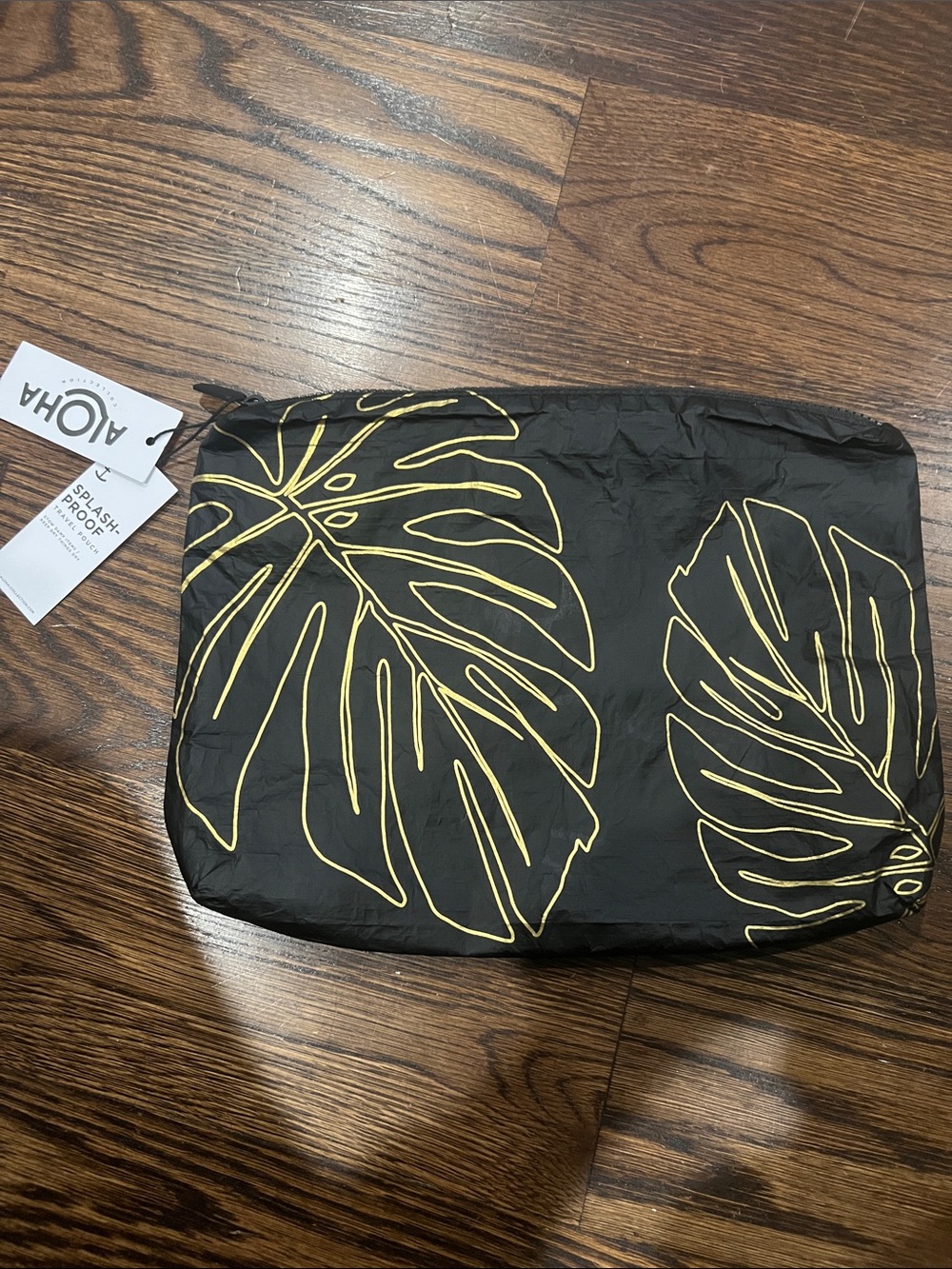 ALOHA Collection Black Cosmetic Pouch with Gold Leaf Print